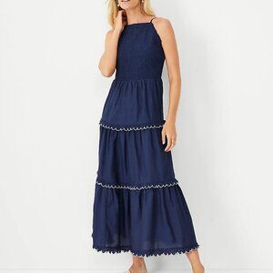 Ann Taylor Smocked Scalloped Tiered Maxi Dress XL navy blue white ruffle